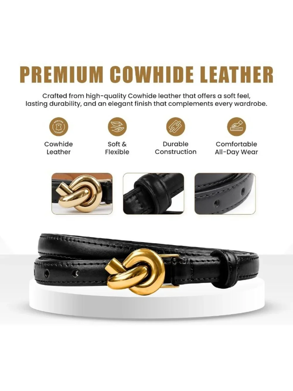 Stylish Women's Gold Knot Buckle Belt | 100% Cowhide Leather Fashion Accessory